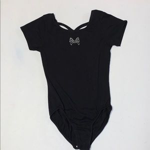 Black leotard with rhinestone bow detail